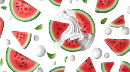 Fresh watermelon slices with whipped cream transparent background