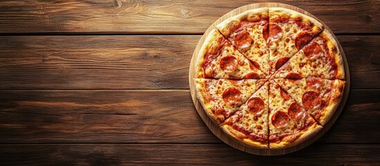 Pizza viewed from above on a wooden table with room for text. with copy space image. Place for adding text or design