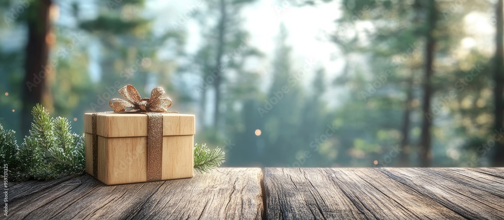 Poster Gift box on wood with a forest backdrop. with copy space image. Place for adding text or design