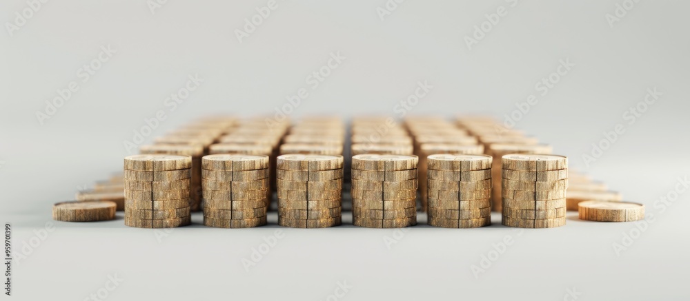 Poster Stacks of coins arranged in rows with wooden blocks isolated on a white background Side decoration CIT Corporate Income Tax. with copy space image. Place for adding text or design