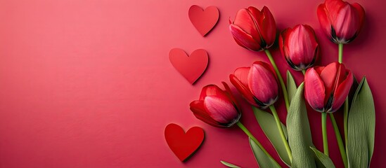 Red tulip flowers with paper hearts on a pink background Concepts for Valentine s Day Women s Day and Mother s Day. with copy space image. Place for adding text or design