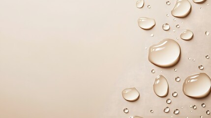 A close-up of clear water droplets on a smooth beige surface, creating a refreshing and tranquil aesthetic. 