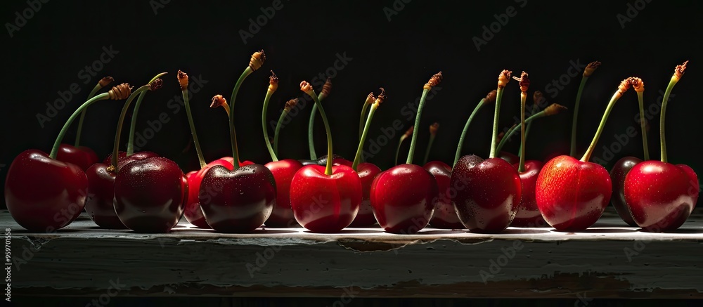 Poster Close up of backlit ripe Stella cherries on a white background with copy space