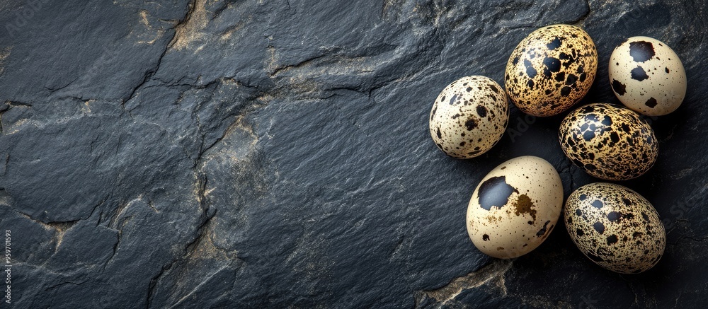 Poster painted quail eggs on a stone surface. with copy space image. Place for adding text or design