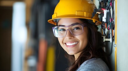 A smiling female construction worker wearing a yellow hard hat and safety glasses, showcasing professionalism and confidence in a construction environment. 