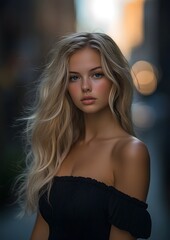 Naklejka premium A stunning portrait of a young woman with long, wavy blonde hair, captured in soft, natural lighting against a blurred urban backdrop. 