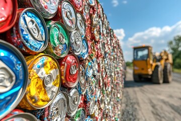 A Wall of Crushed Aluminum Cans for Recycling