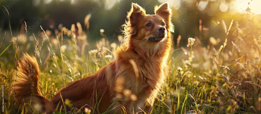 Wall mural Image of a dog in a meadow. with copy space image. Place for adding text or design