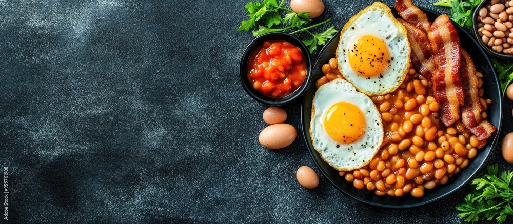 Aufkleber english breakfast featuring fried eggs beans bacon and sausages flat lay from above with copyspace