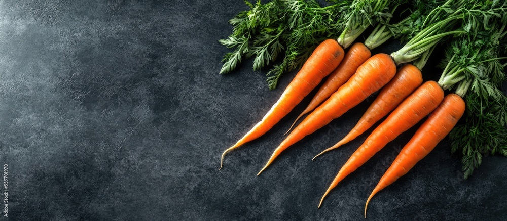 Poster fresh carrots with green tops on a dark background a concept of healthy eating top view image featur