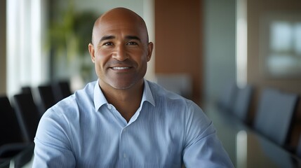 Obraz premium A confident businessman smiles warmly in a modern office setting, exuding professionalism and approachability. 