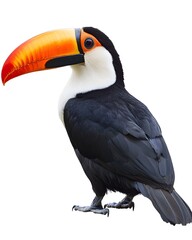 Fototapeta premium A vibrant toucan with a striking orange and black plumage, set against a clean white background, showcasing its unique beak and colorful features. 