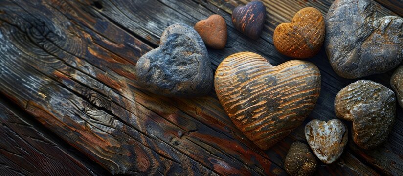 heart shaped rocks on a wooden background. with copy space image. Place for adding text or design