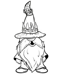 Halloween gnome at funny hat. Hand draw illustration for sublimation t-shirt, pillow, mug. line art illustration, black and white sketch. Print for poster, postcard, notebooks, color book for kids