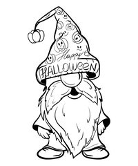 Halloween gnome at funny hat. Hand draw illustration for sublimation t-shirt, pillow, mug. line art illustration, black and white sketch. Print for poster, postcard, notebooks, color book for kids