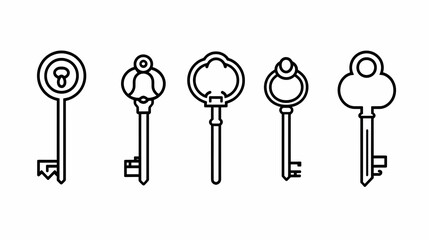 Set of Five Vintage Keys Line Art Illustration