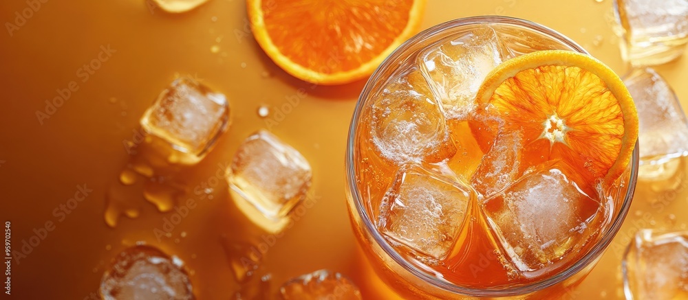Fototapete a Kombucha cocktail with ice and a slice of tangerine. with copy space image. Place for adding text or design