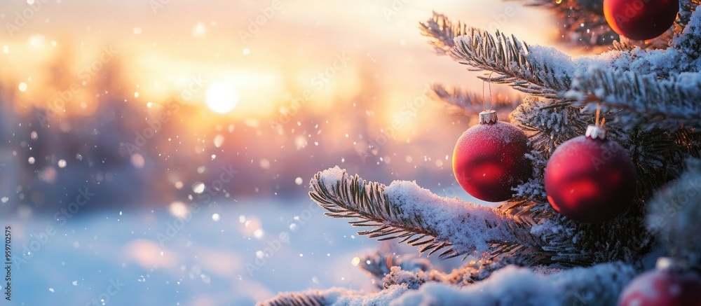 Poster Christmas red balls on a pine tree adorned with fresh snow during a beautiful winter sunset. with copy space image. Place for adding text or design