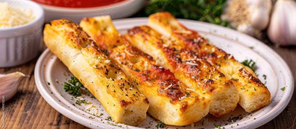 Poster Breadstick bites topped with garlic butter and parmesan cheese served with a dollop of marinara sauce on an elegant white plate. with copy space image. Place for adding text or design