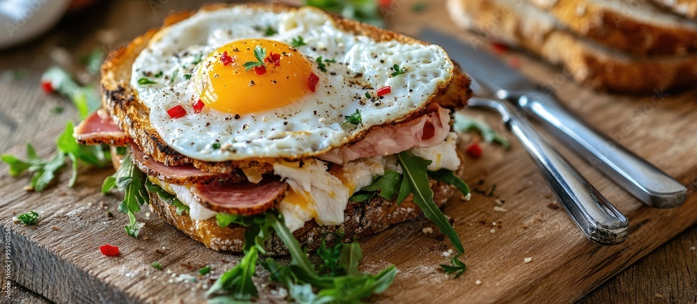 Poster Homemade sandwiches filled with ham cheese crab sticks and vegetables topped with cheese and a fried egg on bread presented with a knife and fork on a wooden surface The idea of healthy delicious foo