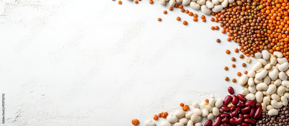 Poster pulses arranged from above on a white background with space for text red kidney pinto and black bean