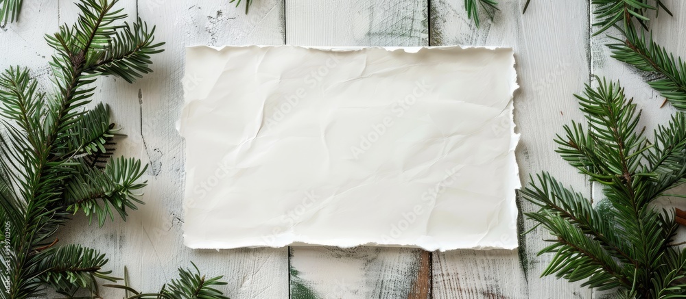 Poster A white sheet of paper singed at the edges with green branches of a Christmas tree set against a backdrop of aged wooden boards Top view featuring copy space for your text