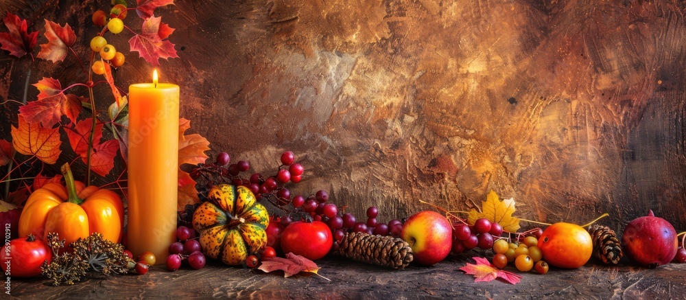 Leinwandbilder fresh vegetables a candle and a picture frame featuring autumn maple leaves. with copy space image. 