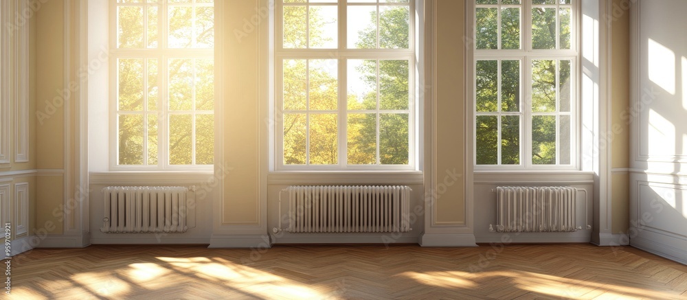 Poster Vacant room with windows and a radiator in natural light. with copy space image. Place for adding text or design
