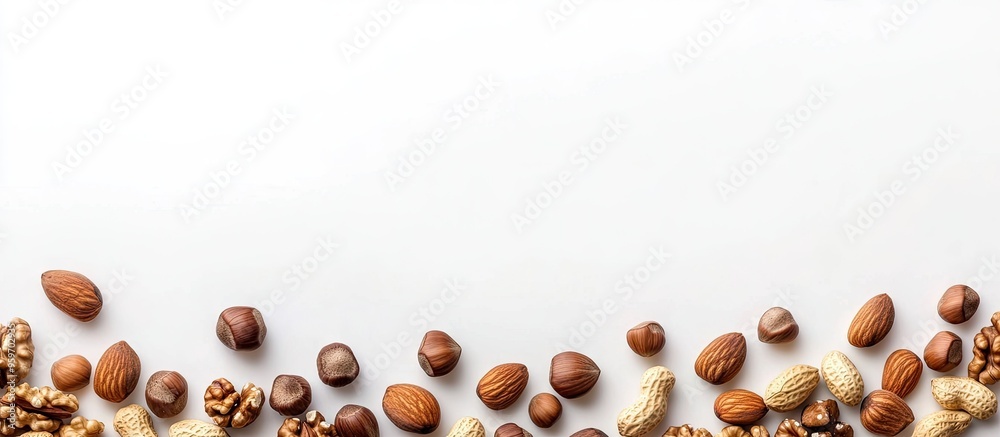 Aufkleber Frame composed of various types of nuts on a white background. with copy space image. Place for adding text or design