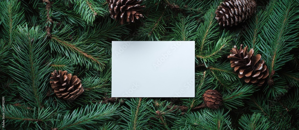 Poster christmas blank greeting card mock up scene a creative arrangement featuring christmas tree branches