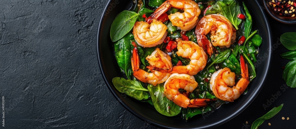 Poster chinese cuisine shrimp and green leafy vegetables stir fried. with copy space image. place for addin