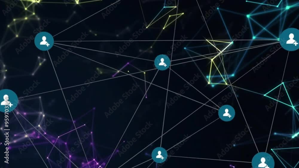 Poster network connections and user icons animation over dark background with colorful lines