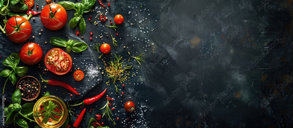 Poster Cooking banner Kitchen board with vegetables and spices Set against a black stone background Top view. with copy space image. Place for adding text or design