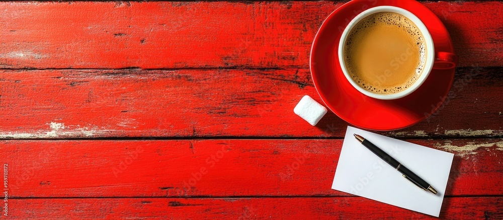 Aufkleber Cup of coffee with a marshmallow and a note with a pen on a red wooden surface. with copy space image. Place for adding text or design
