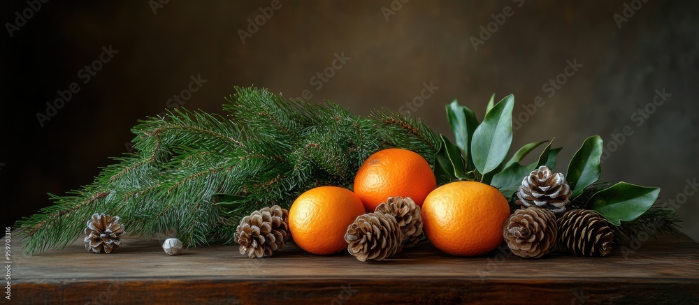 Poster on the table sits a bouquet of fir branches with cones tangerines and christmas tree decorations cra