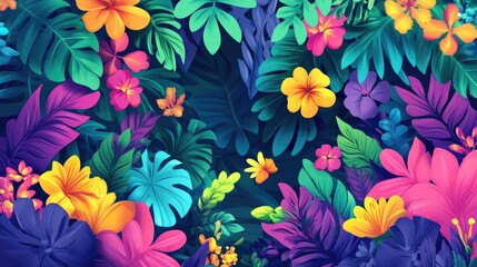 A vibrant and colorful tropical floral background featuring bright pink, yellow, and orange flowers against a backdrop of lush green and blue foliage.