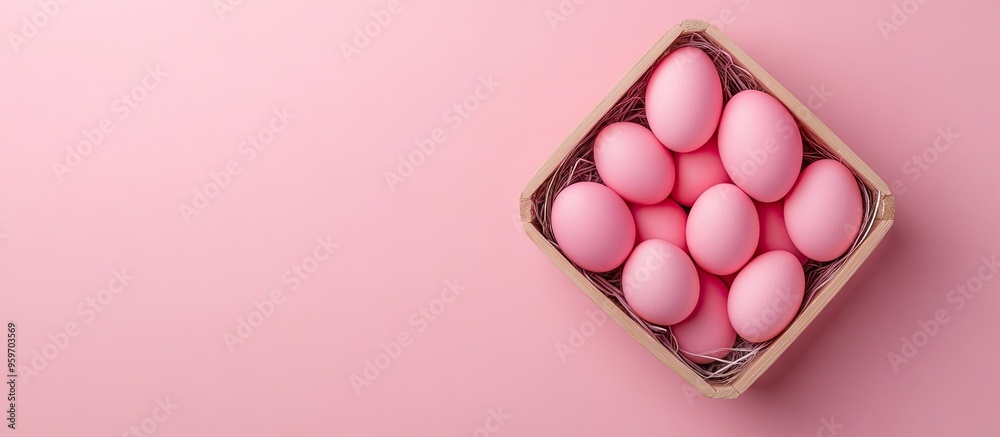 Fototapete pink easter eggs in a wooden basket minimal easter concept eggs in a box on a pink backdrop flat lay