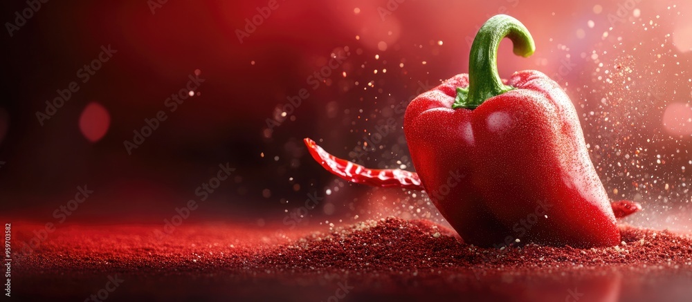 Fototapete fresh raw ripe red pepper with powdered spice. with copy space image. place for adding text or desig