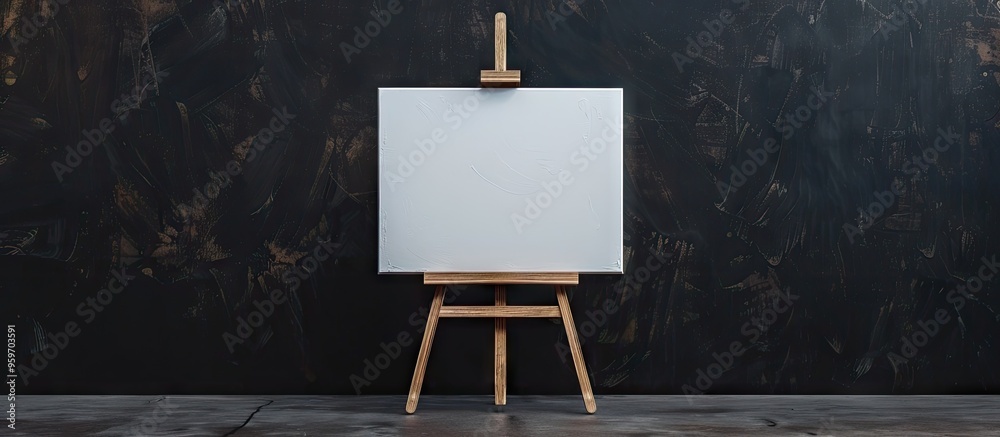 Poster white canvas on a wooden easel with copy space on a black background signage writing area and advert