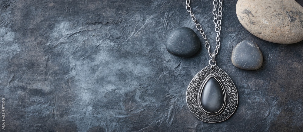 Aufkleber bohemian style silver jewelry set and pebble against a vintage grey background top view. with copy s