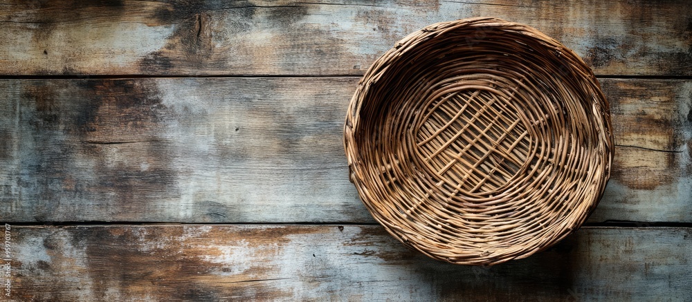Leinwandbilder An empty wicker basket tray featuring a circular pattern on a weathered wood background with copy space