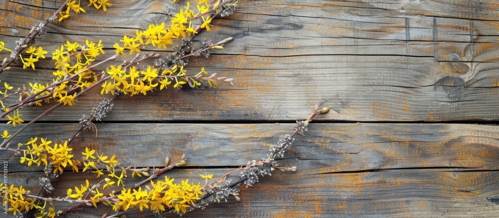Leinwandbilder yellow forsythia against a rustic wooden background. with copy space image. place for adding text or