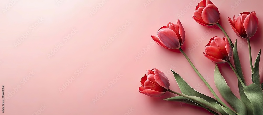 Leinwandbilder Lovely red tulips rest on a soft pink background. with copy space image. Place for adding text or design