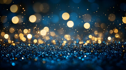 Obraz premium Blue and Gold Glitter Background with Bokeh Lights
