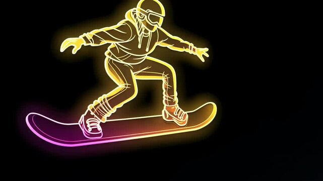 Vibrant neon trails depict a snowboarder in action, showcasing dynamic movement on a halfpipe against a dark backdrop.