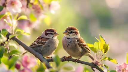 A pair of cute sparrows perched on a blossoming branch surrounded by soft pink flowers in a serene garden setting. 