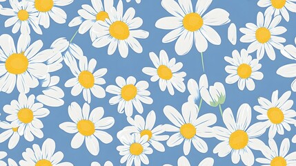 Obraz premium A vibrant floral pattern featuring white daisies with yellow centers against a soft blue background, perfect for cheerful and fresh design projects. 