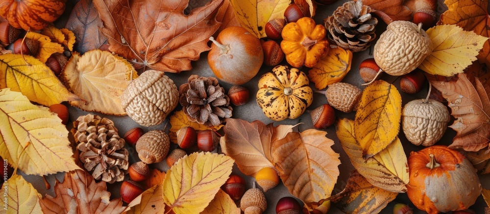 Poster autumn arrangement border of dry leaves acorns and pumpkins on a white backdrop flat lay top view co