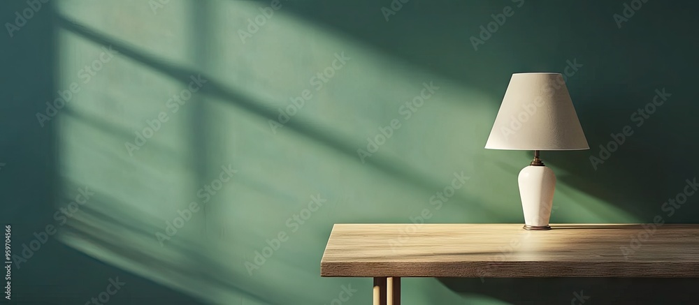Poster Table and lamp against a green wall backdrop. with copy space image. Place for adding text or design