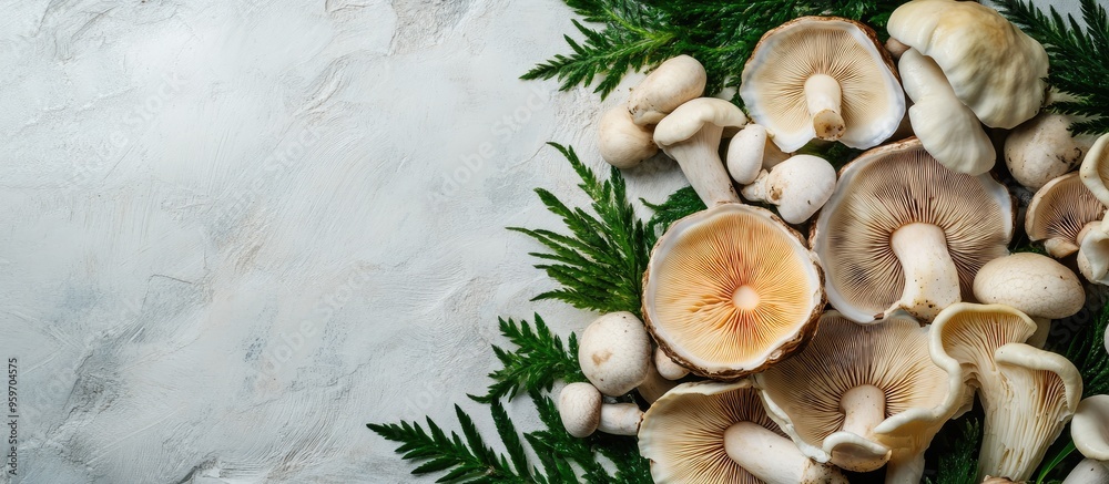 Aufkleber Frame constructed from organic oyster mushrooms and leaves on a light background flat lay with room for text. with copy space image. Place for adding text or design